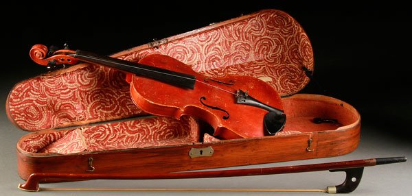 A STAINER GERMAN VIOLIN, CIRCA 1900: A STAINER GERMAN VIOLIN, CIRCA 1900. Contained in a wooden case, the violin with Jacobus Stainer and the verso impressed Stainer. Together with a F.R. Hoyer cello bow. Length of case 30.5 inches (77.5