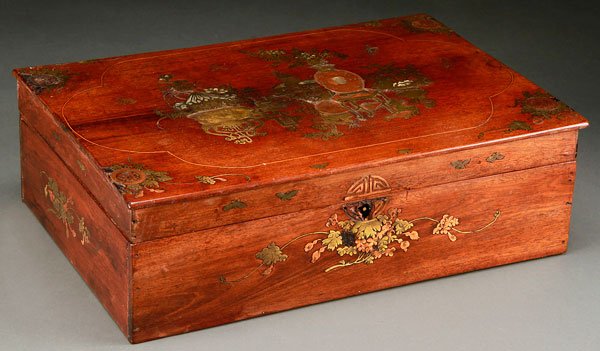 CHINESE EXPORT MAHOGANY & MIXED METAL INLAID BOX: A CHINESE EXPORT MAHOGANY AND MIXED METAL INLAID LIDDED BOX, LATE 19TH/EARLY 20TH CENTURY. The lid inlaid with Buddhist symbols in brass, copper, and mother of pearl. Some minor losses. Length 13.75 i