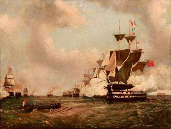 19TH C. BRITISH OIL PAINTING, NAVAL BATTLE SCENE: BRITISH SCHOOL(19th century)A Naval Battle Scene Oil on canvasUnsigned23 inches x 30.5 inches (58.4 x 77.5 cm)