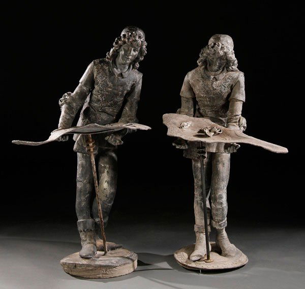 PR. 19TH CENTURY RENAISSANCE STYLE LEAD FIGURES: A PAIR OF CONTINENTAL RENAISSANCE STYLE LEAD STATUARY GARDEN FIGURES, PROBABLY FRENCH, FIRST HALF 19TH CENTURY. Modeled as two young boys dressed in 16th century costume with well-defined features ea