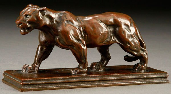 BRONZE SCULPTURE OF A PANTHER AFTER BARYE: A BRONZE SCULPTURE AFTER BARYE. A finely modeled figure of a crouching panther, with dark brown patina and mounted on an integral stepped rectangular base, inscribed BARYE, the underside incised H.B. 