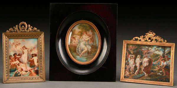 THREE VICTORIAN MINIATURE NUDE IVORY PAINTINGS: THREE VICTORIAN MINIATURE IVORY PAINTINGS OF NUDES. Depicting the "Birth of Venus" after Bouguereau; the "Judgment of Paris" after Rubens; and two neoclassic nudes bathing. Each contained in a period 