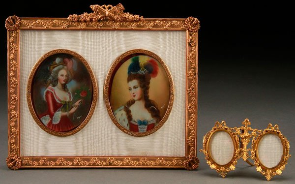 PAIR OF FRENCH GILT BRONZE PICTURE FRAMES: A PAIR OF FRENCH GILT BRONZE PICTURE FRAMES, LATE 19TH/EARLY 20TH CENTURY. Comprising a double frame with tinted images of young beauties on ivory and a miniature double frame with openwork floral and