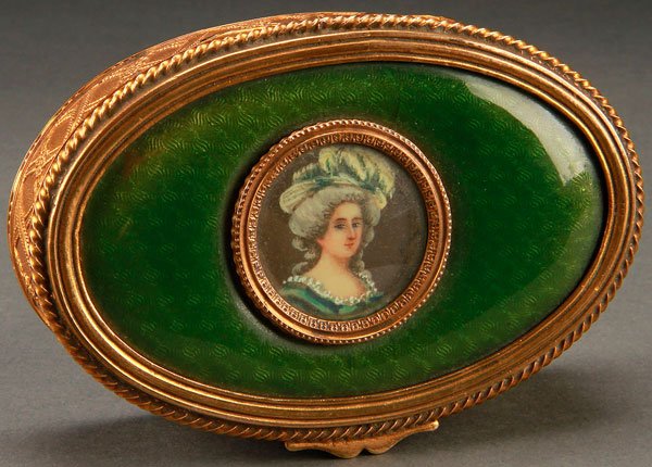 FRENCH IVORY DRESSER BOX WITH MINIATURE PORTRAIT: A GOOD FRENCH GUILLOCHE ENAMEL AND GILT BRONZE MINIATURE IVORY PORTRAIT DRESSER BOX, CIRCA 1900. With portrait of Marie Antoinette after LeBrun. Hand painted on ivory within a translucent emerald enam