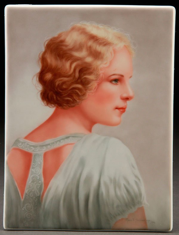 KPM STYLE HAND PAINTED PORCELAIN PLAQUE DATED 1904: A FINE KPM STYLE CONTINENTAL HAND PAINTED PORCELAIN PLAQUE, DATED 1904. Depicting a portrait of a beautiful young woman. Signed Maria T. Saldarriage and dated 04. Verso with impressed numbers 18 24, e