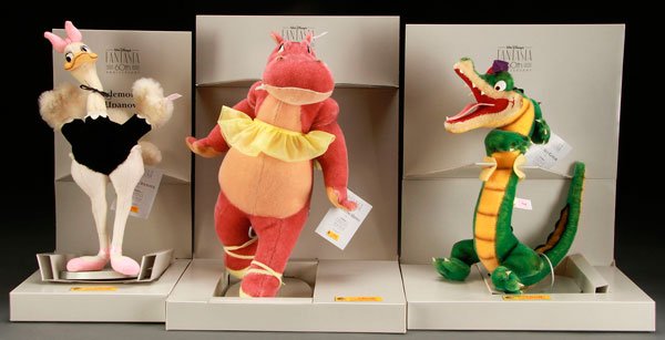 THREE STEIFF FOR WALT DISNEY STUFFED ANIMALS: THREE STEIFF FOR WALT DISNEY FANTASIA 60TH ANNIVERSARY STUFFED ANIMALS, CIRCA 2000. Comprising a "Ben Ali Gator", a "Mademoiselle Upanova", and a "Hyacinth Hippo". Largest 14.5 inches (37 cm).