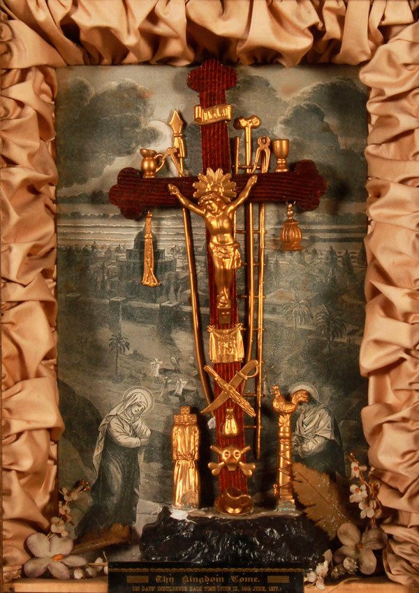 CRUCIFIX HOME SHRINE DATED 1877 & OTHER ARTWORK: A 19TH CENTURY SHADOW BOX FRAMED CRUCIFIX HOME SHRINE, DATED 1877. Measuring 21 inches x 17 inches (53.3 x 43 cm) together with four additional framed works of art including three original watercolors