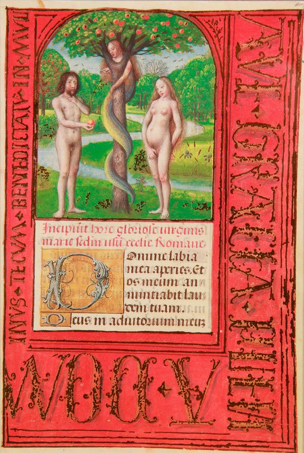 5 ILLUMINATED MANUSCRIPTS, GOLD LEAF HIGHLIGHTS: A SET OF FIVE FACSIMILE ILLUMINATED MANUSCRIPTS, WITH 23 KARAT GOLD LEAF HIGHLIGHTS. Including Adam and Eve, 6.3 inches x 4.25 inches (16.2 x 10.8 cm); an allegory of Lust, 5.5 inches x 3.6 inches (14