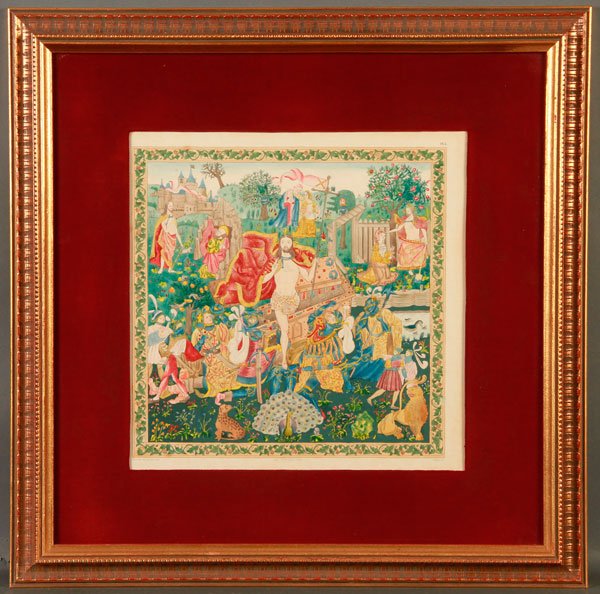 GROUP OF 19TH C. FRENCH HAND COLORED ENGRAVINGS 1838: THREE HAND COLORED ENGRAVINGS FROM TAPISSERIES DE LA CHAISE DIEU, 1838, BY ACHILLE JUBINAL (1810-1875). Each contained in matching glazed gilt frames with outside dimensions of 23 inches x 22 inches.