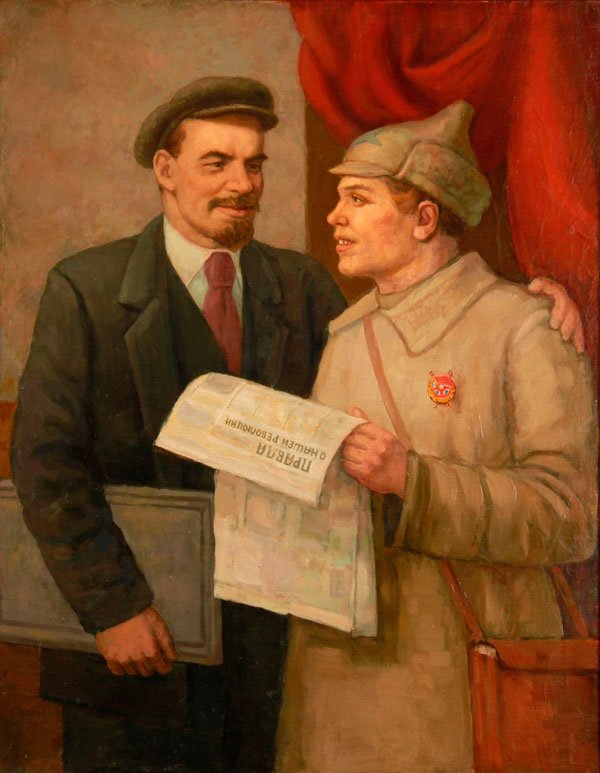 RUSSIAN SOVIET PATRIOTIC PAINTING OF LENIN: A RUSSIAN SOVIET PATRIOTIC PAINTING OF LENIN, CIRCA 1945. "Lenin and Soldier Reading Pravda", oil on canvas, indistinguishably signed in Cyrillic lower left, 39.5 inches x 31 inches (100 x 80 cm).