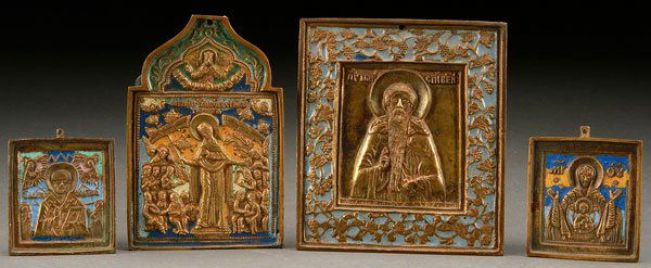 FOUR RUSSIAN ICONS, 19TH CENTURY: FOUR RUSSIAN ICONS, 19TH CENTURY. Cast bronze and enamel comprising St. Nicholas, the Mother of God Joy to All Who Sorrow, the Venerable Paisiy and the Sign Mother of God. Largest 4.5 inches x 4 inche