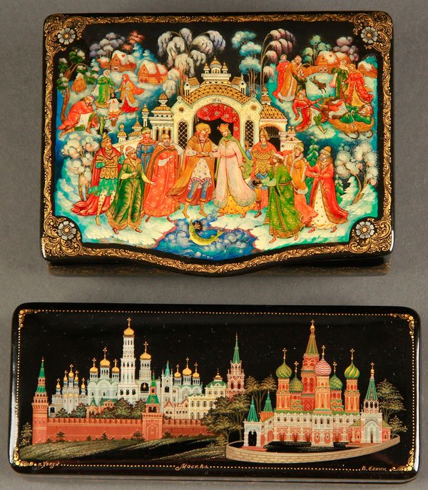 PAIR OF RUSSIAN LACQUER BOXES, PALEKH AND KHOLUI: A PAIR OF FINE RUSSIAN LACQUER BOXES, PALEKH AND KHOLUI, SIGNED, CIRCA 2000. One box with hinged lid painted with scenes from the Russian fairy tale "The Magic Pike", artist signed in Cyrillic N. Sulo
