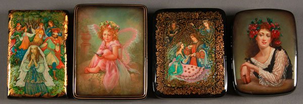 FOUR RUSSIAN LACQUER BOXES, PALEKH AND FEDOSKINO: FOUR FINE RUSSIAN LACQUER BOXES, PALEKH AND FEDOSKINO, SIGNED, CIRCA 2000. Comprising four rectangular boxes, each with hinged lid depicting various images including a scene from the Russian fairy tal