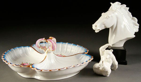A KPM AND MEISSEN PORCELAIN GROUP: A KPM AND MEISSEN PORCELAIN GROUP, EARLY/MID 20TH CENTURY. Comprising a Meissen bust of a horse, a KPM figure of a bear, and an SPM porcelain divided center handled tray. Height of bust 8.75 inches (2
