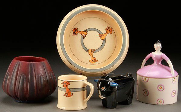 A FIVE PIECE ART POTTERY AND CERAMIC GROUP: A FIVE PIECE ART POTTERY AND CERAMIC GROUP, EARLY 20TH CENTURY. Comprising a Van Briggle Persian rose vase, circa 1930s; a Roseville "Juvenile" child's plate and mug, decorated with puppies; an Art De