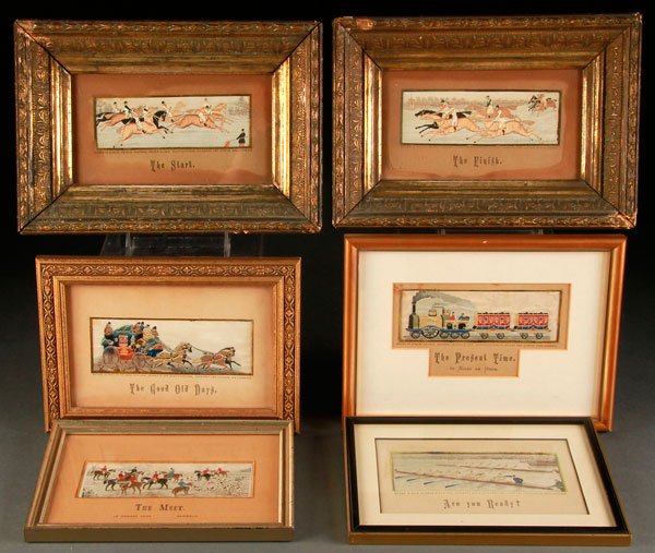 SIX STEVENSGRAPHS SILK WOVEN PICTURES: A COLLECTION OF SIX STEVENSGRAPHS SILK WOVEN PICTURES, 19TH CENTURY. With original title mats. Comprising "The Start", "The Finish", "The Good Ol Days", "The Present Time", "The Meet", and "Are You Re
