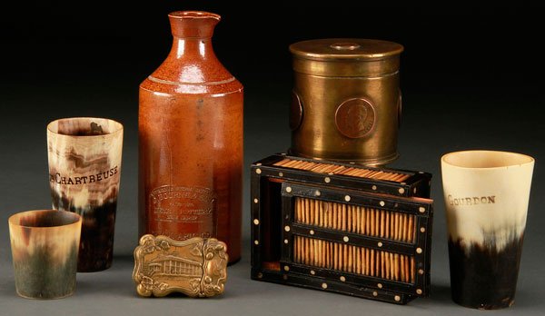 A FOLK ART DECORATIVE ARTS GROUP: A FOLK ART DECORATIVE ARTS GROUP, EARLY TO MID 20TH CENTURY. Seven pieces comprising a quill and inlaid bone cigarette box with sliding top, a Trench Art brass shell lidded jar with English and French