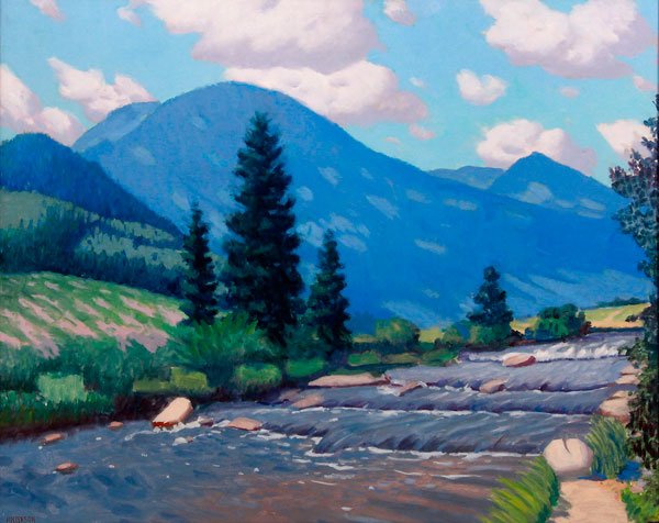 PR. AMERICAN ARTIST SIGNED PAINTINGS, CIRCA 1950: A PAIR OF AMERICAN ARTIST SIGNED PAINTINGS, CIRCA 1950. Comprising two large oil on canvas works by American painter Herman Peterson (1892-1969) including a summer mountain landscape with stream and s