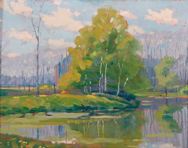 GROUP OF THREE AMERICAN ARTIST SIGNED PAINTINGS: A GROUP OF THREE AMERICAN ARTIST SIGNED PAINTINGS, CIRCA 1950. Comprising three oil on board landscapes by American painter Herman Peterson (1892-1969) including a spring landscape near water signed o