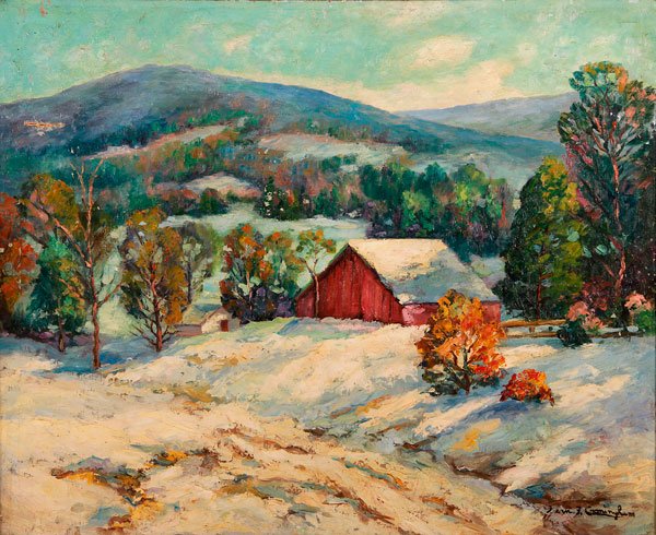 PAIR OF AMERICAN WINTER SCENE PAINTINGS: A PAIR OF AMERICAN WINTER SCENE PAINTINGS. Fern Francis Cunningham (American 1885-1975), oil on canvas, 24 inches x 30 inches; and Kaye Pool (American 1912-2006), oil on board, 12 inches x 16 inches.
