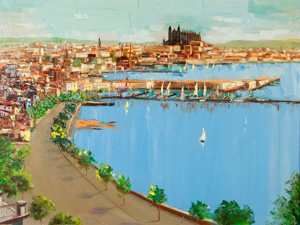 PAIR OF COASTAL VIEW OIL PAINTINGS, 20TH CENTURY: A PAIR OF COASTAL VIEW OIL PAINTINGS, 20TH CENTURY. Including a Manuel Muno Ruiz (Spanish b. 1948 ), Harbor Scene, oil on canvas, signed lower left M. Muno Ruiz, 30 inches x 40 inches (76.2 x 101.5 cm