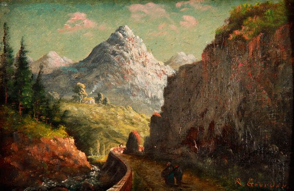 FRENCH ALPINE LANDSCAPE OIL PAINTING: RENE GOURDON(French b. 1855) Alpine Landscape with Travelers on the Path Oil on wood panel Signed lower right "R. Gourdon" 10.4 inches x 15.75 inches (26.5 x 40 cm)