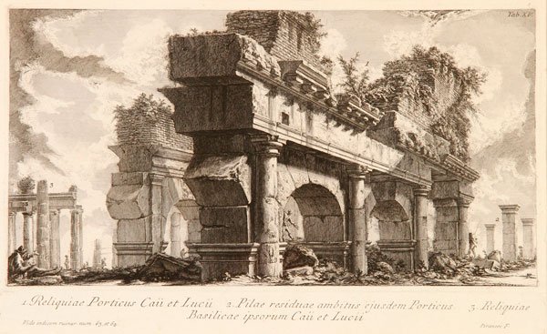 PAIR OF PIRANESI ENGRAVINGS DEPICTING RUINS: A PAIR OF PIRANESI ENGRAVINGS DEPICTING RUINS. Contained in matching glazed frames with linen mats. Impression size 10.6 inches x 14 inches (27 x 35.5 cm) and 10 inches x 16.1 inches (25 x 41 cm). Tog