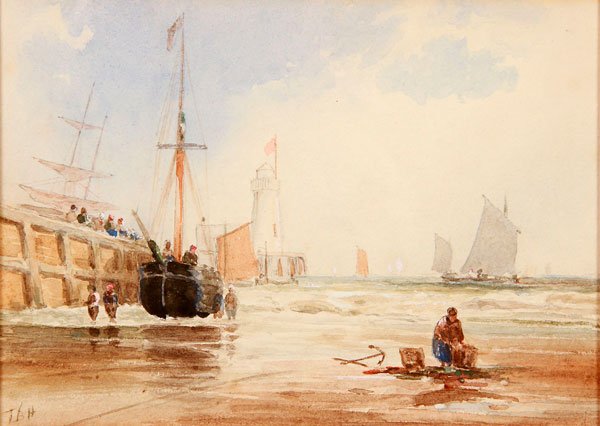 PAIR OF MARINE WATERCOLORS, 19TH/20TH CENTURY.: A PAIR OF MARINE WATERCOLORS, 19TH/20TH CENTURY. Including a French port scene at low tide, initialed J.B.H., possibly for John B. Halsey. Painting 5 inches x 7 inches (12.7 x 17.8 cm. Together with a