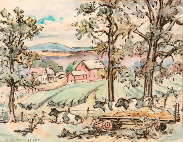REGIONALIST WISCONSIN ARTWORK BY MAX FERNEKES: REGIONALIST WISCONSIN ARTWORK BY MAX FERNEKES (1905-1984). Comprising a large watercolor and crayon rural landscape with cows and hay wagon, signed lower left and measuring 16 inches x 20 inches; a dr