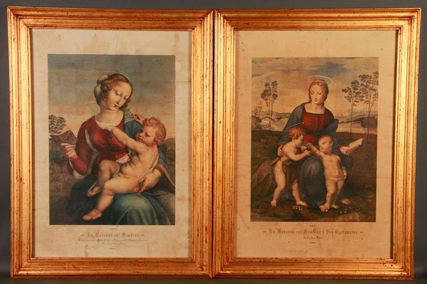 PAIR COLORED RELIGIOUS ENGRAVINGS AFTER RAPHAEL: A PAIR OF LARGE COLORED RELIGIOUS ENGRAVINGS AFTER RAPHAEL, 19TH CENTURY. Each depicting the Madonna and Child, and each contained in a matching glazed gilt wood frame. Outside dimensions 31.5 inches 