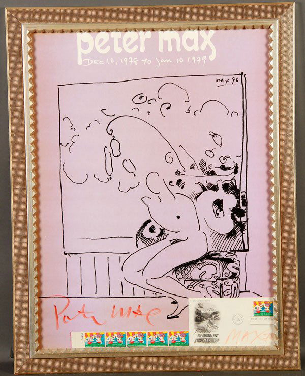 PETER MAX SIGNED POSTERS AND FIRST DAY COVERS: PETER MAX SIGNED POSTERS AND FIRST DAY COVERS, 1978. A pair of framed Peter Max posters signed in magic marker and with Expo 74 stamps and First Day issue envelopes, also signed and dated 1978. Both i