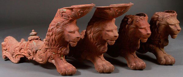 MASSIVE BRUNSWICK OR MONARCH POOL TABLE FIGURAL LEGS: A SET OF FOUR BRUNSWICK/MONARCH CAST IRON LION FORM POOL TABLE LEGS, LATE 19TH CENTURY. Two with damage or losses. Height 23 inches, length 44 inches.