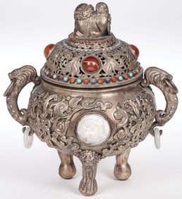 ORNATE SINO-TIBETAN SILVERED CENSER