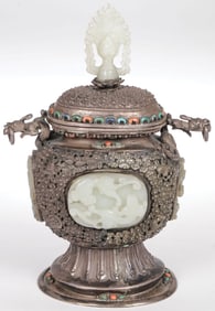 VERY FINE SINO-TIBETAN JADE INLAID VESSEL