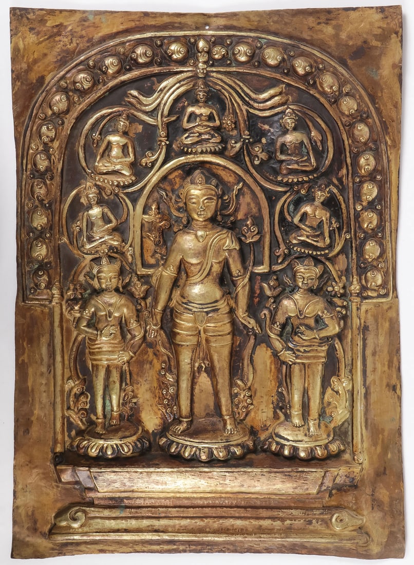 NEPALESE GILT COPPER VOTIVE PLAQUE, 19TH/20TH C (1 of 2)