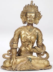 SINO-TIBETAN GILT COPPER FIGURE OF TARA