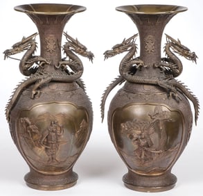 PAIR OF JAPANESE BRONZE DRAGON VASES, MEIJI