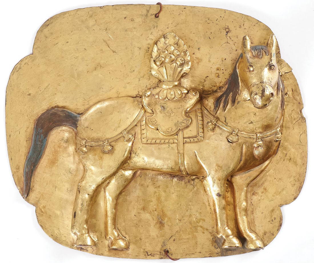 SINO-TIBETAN GILT COPPER PLAQUE OF HORSE