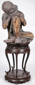 LARGE CARVED WOOD LOHAN AND STAND