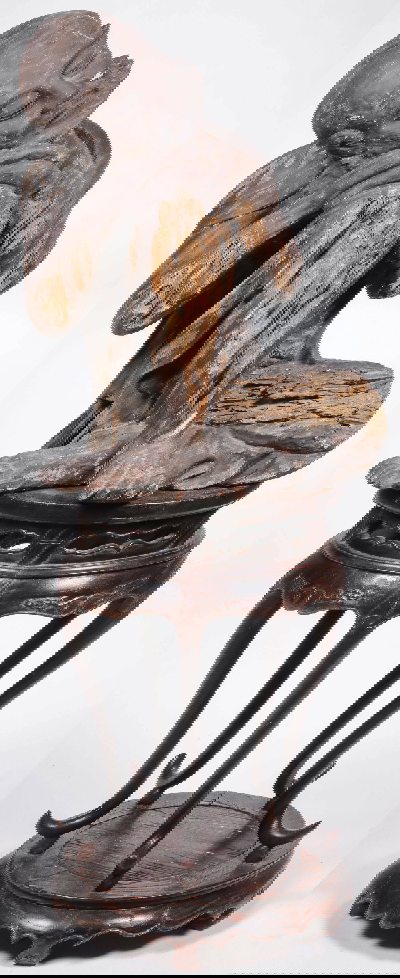 LARGE CARVED WOOD LOHAN AND STAND