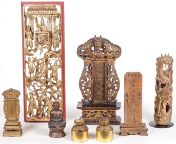 CHINESE CARVED & GILT-WOOD GROUPING