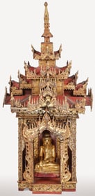 A LARGE BURMESE CARVED GILT & JEWELED SHRINE