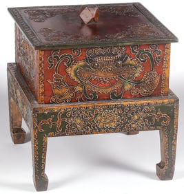 CHINESE LACQUERED STORAGE BOX ON STAND