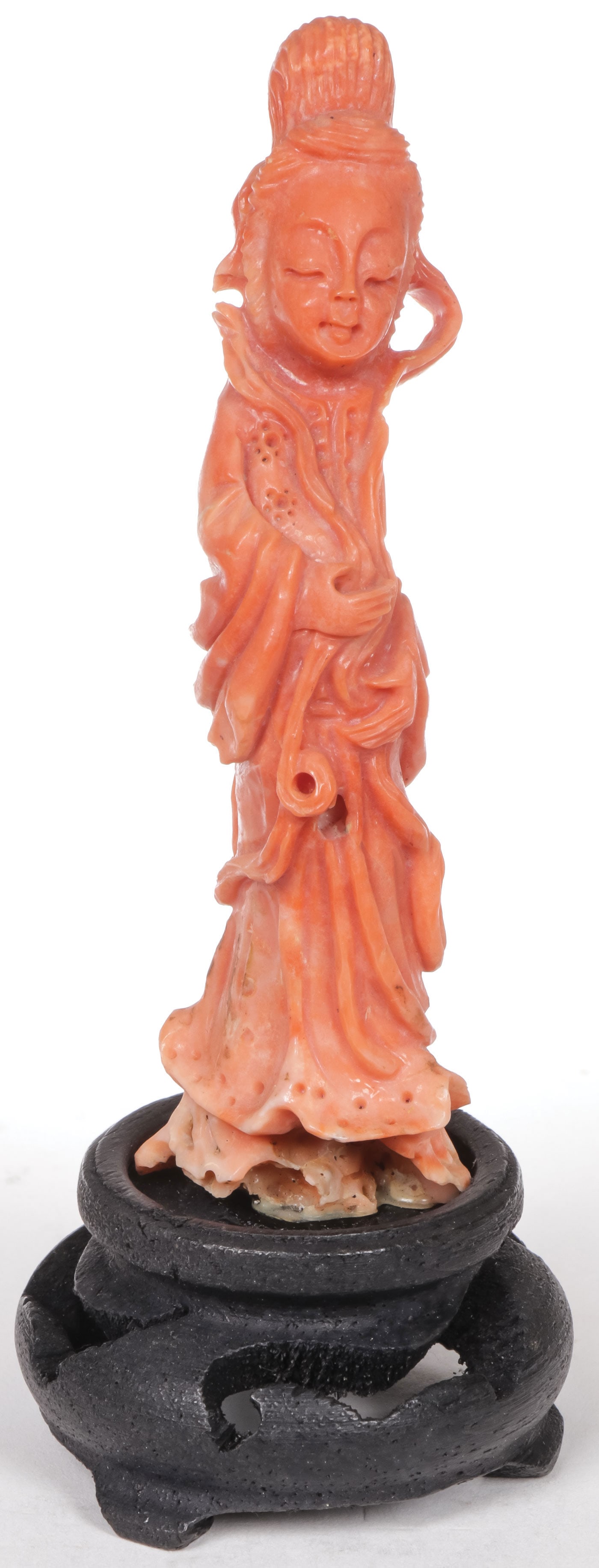 CHINESE CARVED PINK CORAL MAIDEN, QING: CHINESE CARVED PINK CORAL MAIDEN, QING. Carved in full round with flowing robes and resting on a conforming wood stand. Overall height on stand 5 inches (12.7cm). NO INTERNATIONAL SHIPPING. Know your 