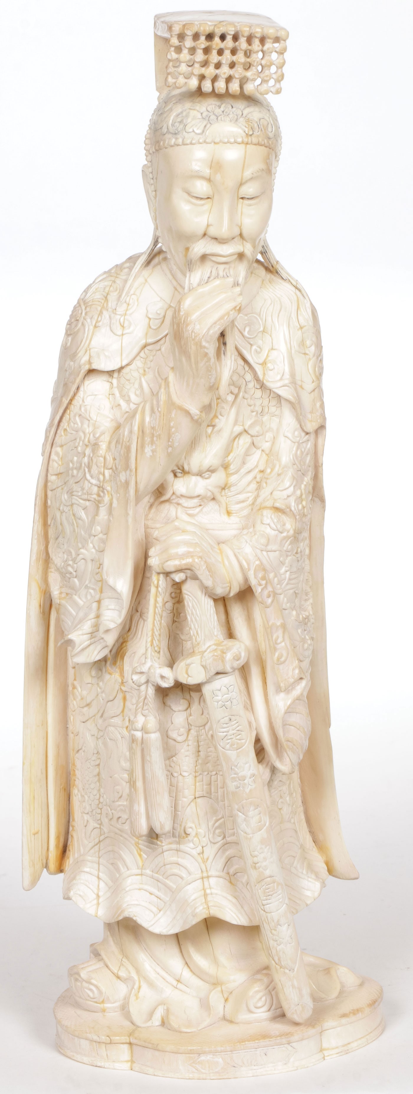 CHINESE CARVED EMPEROR, QING: CHINESE CARVED EMPEROR, QING. Finely carved in full round, with high-relief carved embroidered robes and flowing beard and hair. Height 11.75 inches (29.8cm). NO INTERNATIONAL SHIPPING, and shipping r