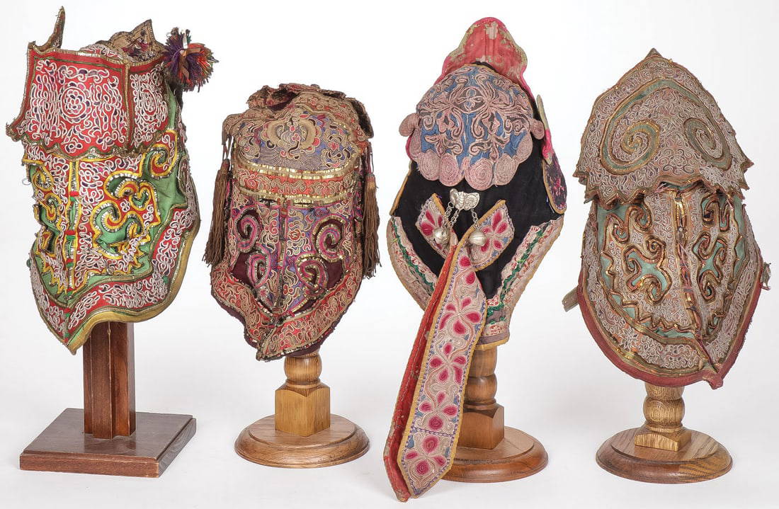 FOUR CHINESE EMBROIDERED CHILDREN'S HATS, QING