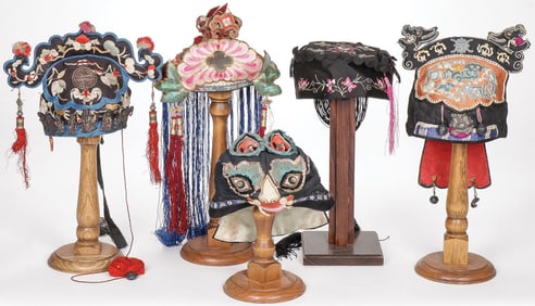 FIVE CHINESE EMBROIDERED CHILDREN'S HATS