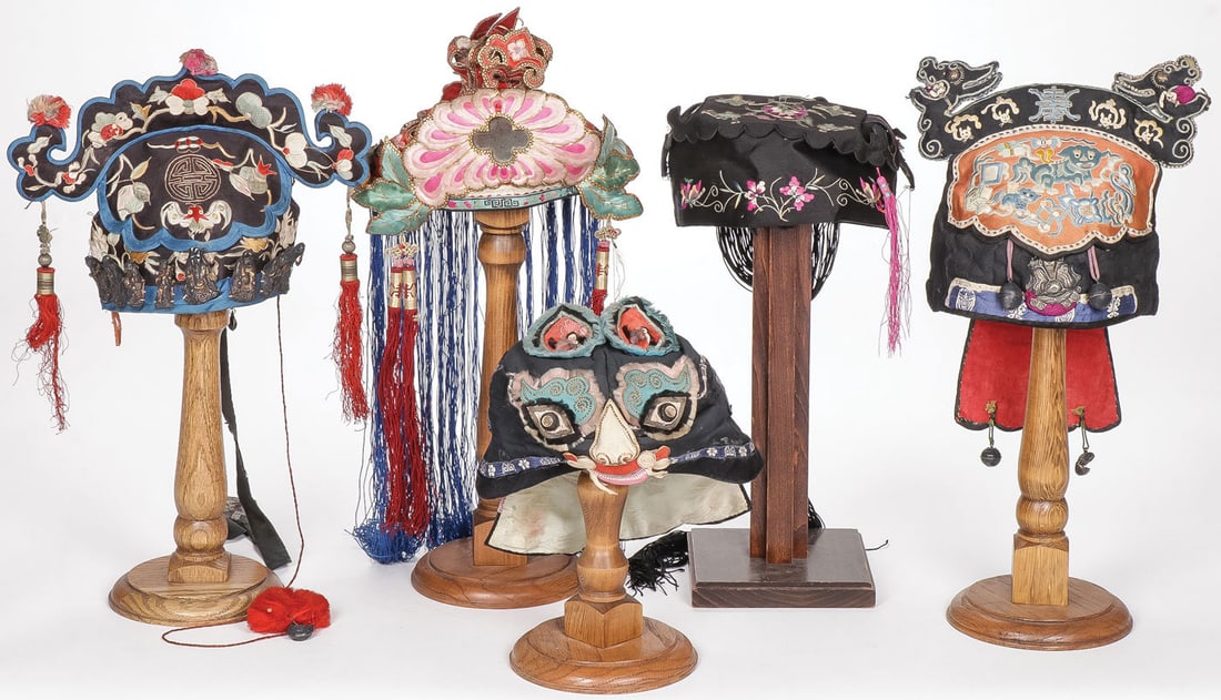 FIVE CHINESE EMBROIDERED CHILDREN'S HATS (1 of 3)