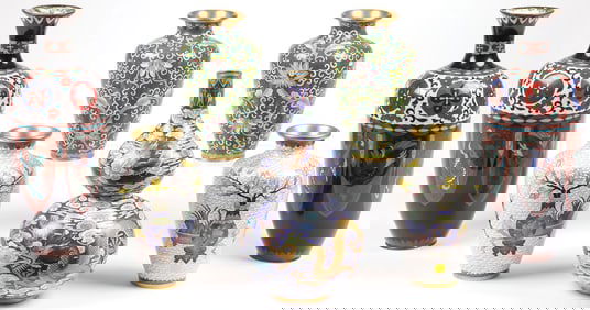 GOOD GROUP 7 CHINESE CLOISONNE VASES