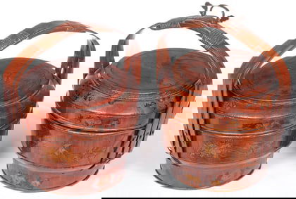 CHINESE GILT LACQUERED WEDDING BASKETS AND STAND